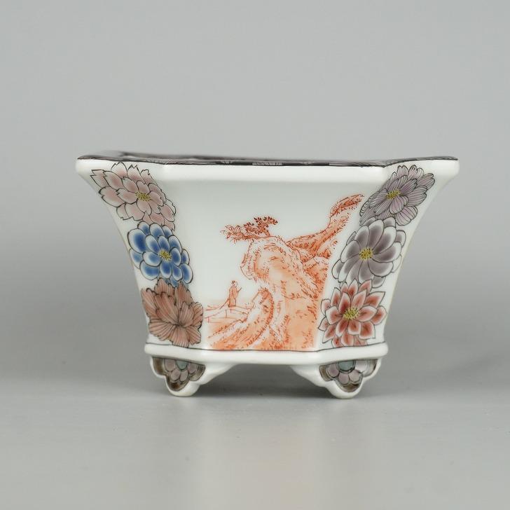 盆栽鉢 九谷 有朋 小型 長辺 約 13cm 正方鉢 隅切 色絵 窓抜 花詰 山水