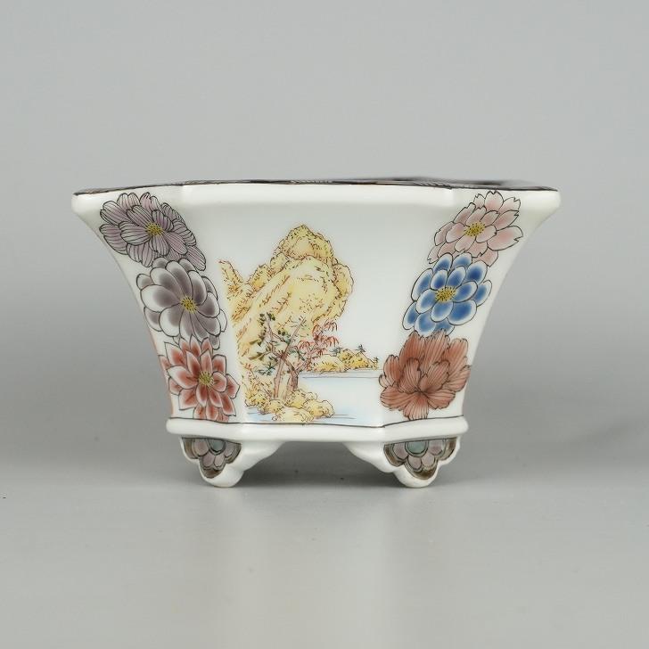 盆栽鉢 九谷 有朋 小型 長辺 約 13cm 正方鉢 隅切 色絵 窓抜 花詰 山水
