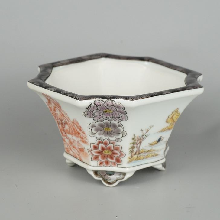 盆栽鉢 九谷 有朋 小型 長辺 約 13cm 正方鉢 隅切 色絵 窓抜 花詰 山水