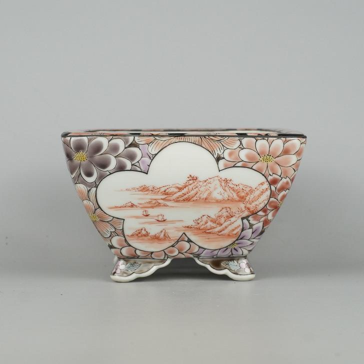 盆栽鉢 九谷 有朋 小型 長辺 約 13.2cm 正方鉢 色絵 窓抜 花詰 盆栽鉢 九谷 有朋 小型 長辺 約 13.2cm 正方鉢 色絵 窓抜 花詰