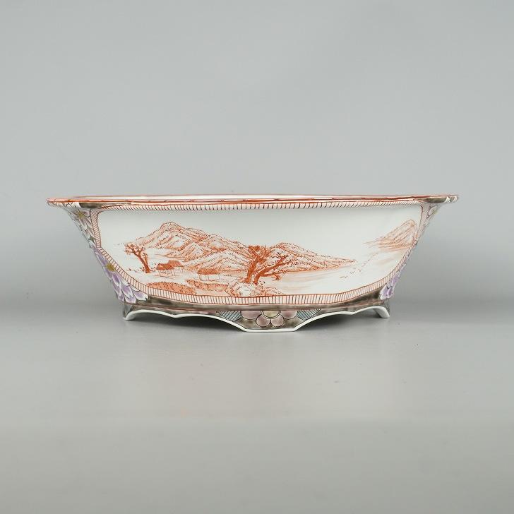 盆栽鉢 九谷 有朋 中型 長辺 約 24.3cm 木瓜鉢 赤絵 花詰 窓抜 山水図 