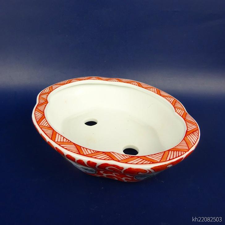 盆栽鉢 は二わ オリジナル鉢 小型 長辺 約15.3cm 木瓜鉢 色絵 風景画 山水図 現品 新品の画像