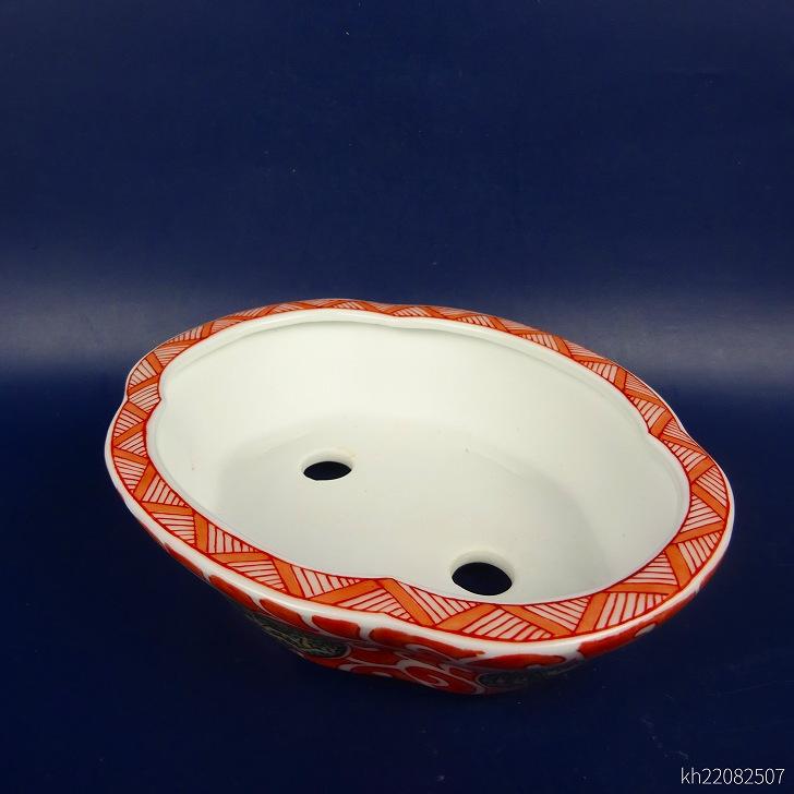 盆栽鉢 は二わ オリジナル鉢 小型 長辺 約15.4cm 木瓜鉢 色絵 風景画 現品 新品の画像