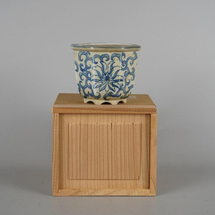 中古】 盆栽鉢 陶雀 小鉢 長辺 約 9cm 八角鉢 外縁 染付 花 はな ハナ 