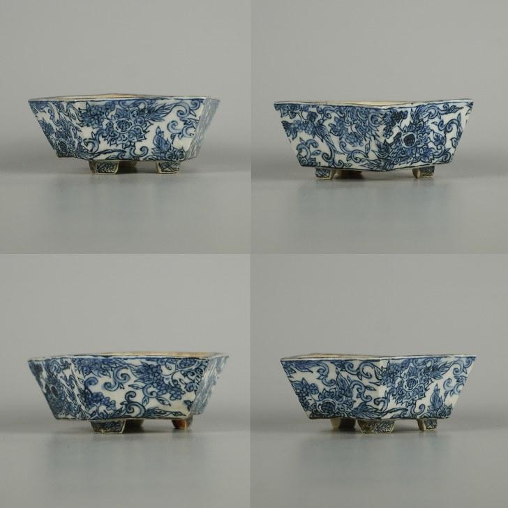 中古】盆栽鉢 清風 与平 小鉢 長辺 約 9.8cm 五角鉢 染付 花 実 模様