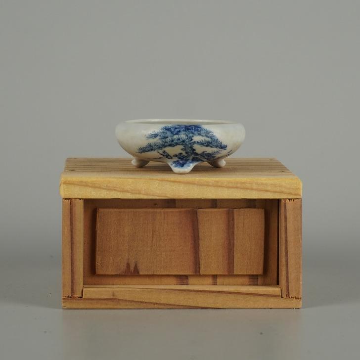 中古】盆栽鉢 市之倉 石州 豆鉢 長辺 約 4.7cm 丸鉢 染付 松 まつ マツ 