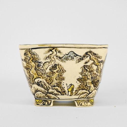 盆栽鉢 上州勝山画 寿ボデー 箱付き 五彩山水図 正方鉢 : はニわ株式