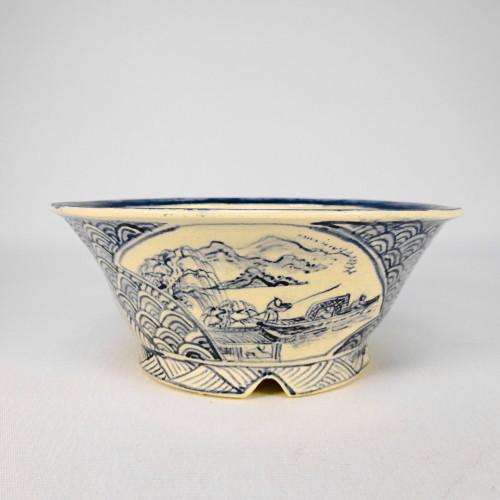 雅】美芸 染付山水図楕円鉢