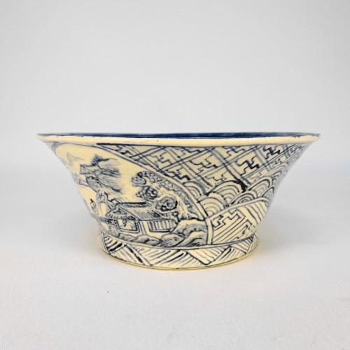 盆栽鉢 上州勝山画 寿ボデー 箱付き 青絵染付山水図 丸鉢