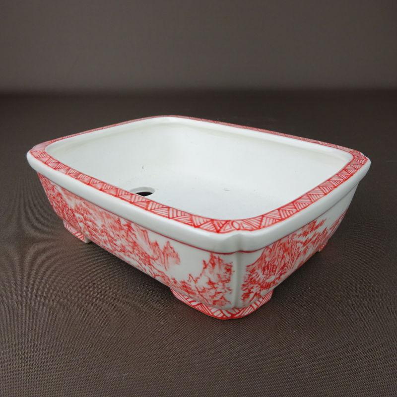 盆栽鉢 高山画 ゆうき祥石ボデー 赤絵山水図 長方鉢 : はニわ株式会社