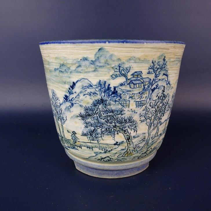 中古】盆栽鉢 陶翠 小型 長辺 約12cm 丸鉢 染付 風景画 観賞用