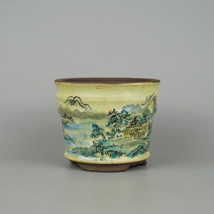 緑色の円型陶器製盆栽鉢 約42cm×15cm 盆栽鉢 色鉢 緑釉木瓜式鉢 陶器 4号 11cm グリーン 小品盆栽 ミニ盆栽