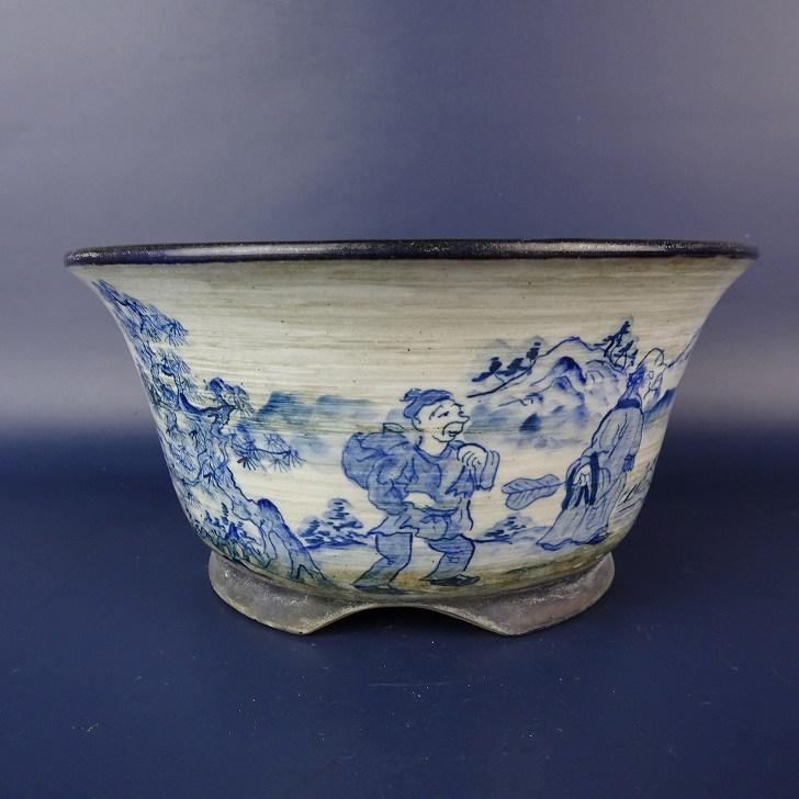 中古】盆栽鉢 陶翠 小型 長辺 約18.5cm 丸鉢 染付 人物 松 風景