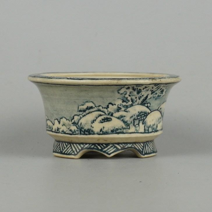 中古】盆栽鉢 佐野 大助 美功 小鉢 長辺 約7.7cm 丸鉢 山水図 箱付