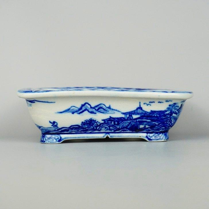 盆栽鉢 谷 嵐山 小型 長辺 約13cm 長方鉢 染付 山水図 外縁 撫角 現品