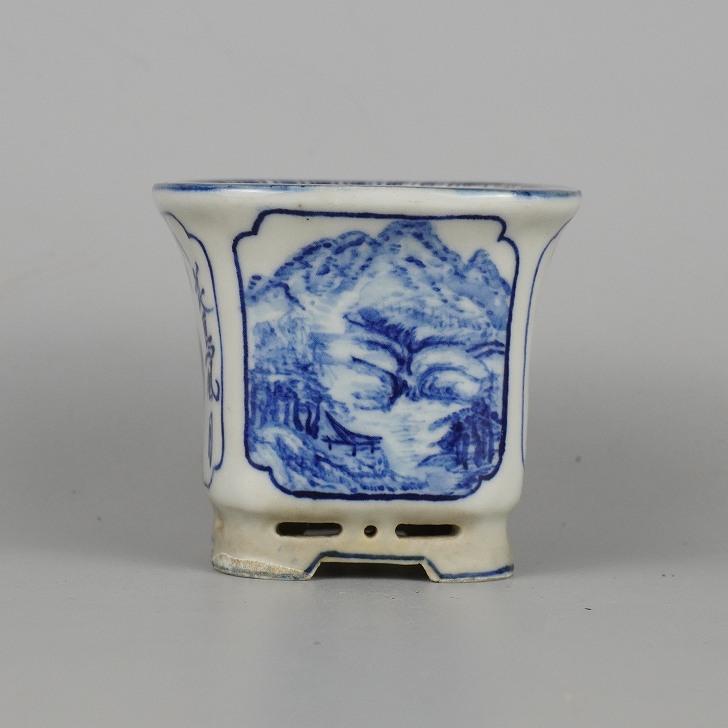 中古】 盆栽鉢 高橋 泉翠 小鉢 長辺 約7.5cm 正方鉢 染付 花鳥 中古】 盆栽鉢 高橋 泉翠 小鉢 長辺 約7.5cm 正方鉢 染付 花鳥