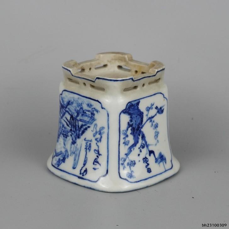 中古】 盆栽鉢 高橋 泉翠 小鉢 長辺 約7.5cm 正方鉢 染付 花鳥 中古】 盆栽鉢 高橋 泉翠 小鉢 長辺 約7.5cm 正方鉢 染付 花鳥