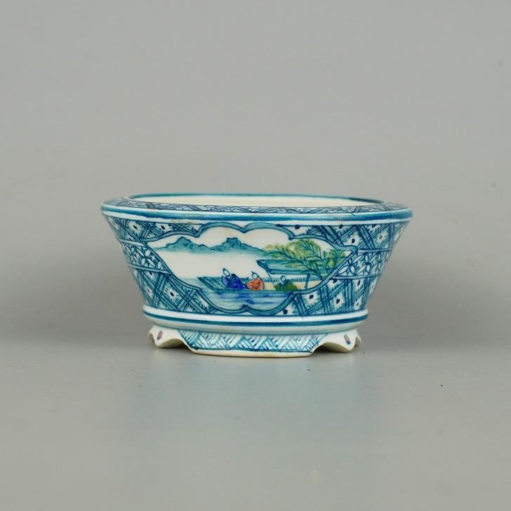 中古】盆栽鉢 ゆうき祥石 小鉢 長辺 約 10cm 丸鉢 色絵 山水図 中古】盆栽鉢 ゆうき祥石 小鉢 長辺 約 10cm 丸鉢 色絵 山水図