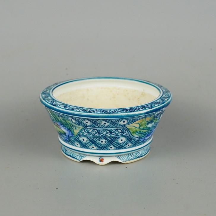 中古】盆栽鉢 ゆうき祥石 小鉢 長辺 約 10cm 丸鉢 色絵 山水図 中古】盆栽鉢 ゆうき祥石 小鉢 長辺 約 10cm 丸鉢 色絵 山水図