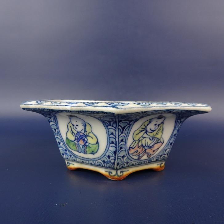 中古】盆栽鉢 初代 石田 祥石 小型 長辺 約 11.8cm 六角鉢 外縁 色絵