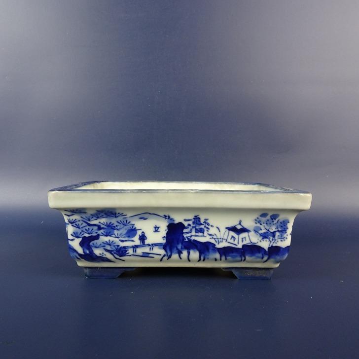 松泉　盆栽鉢 中古】盆栽鉢 十王堂 松泉 小型 長辺 約 14cm 丸鉢 鋲打 泥物 中古鉢
