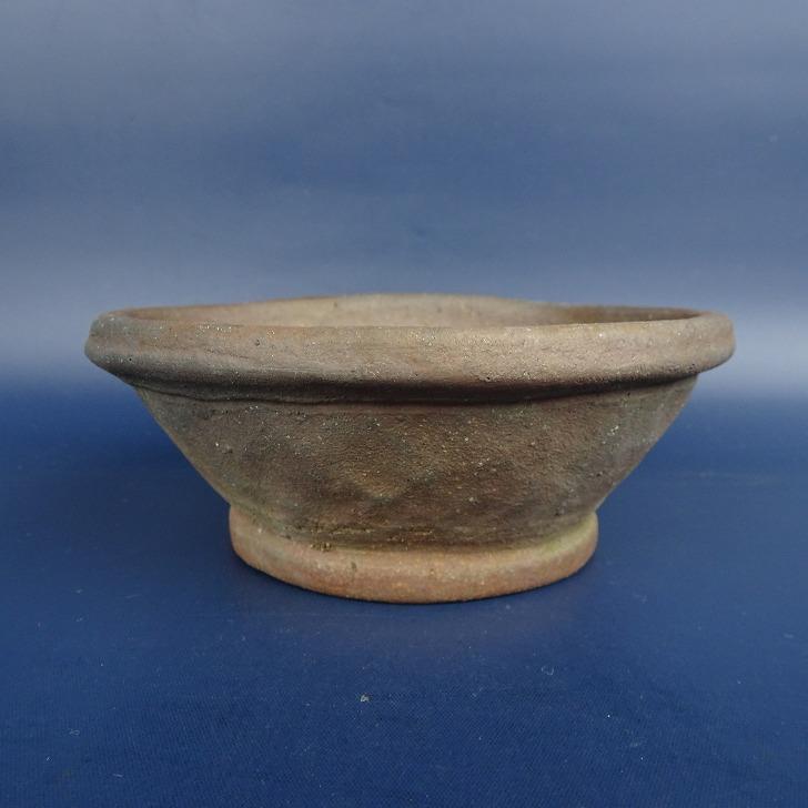 中古】盆栽鉢 文山 越前文山 小型 長辺 約13cm 丸鉢 外縁 焼締め 泥鉢