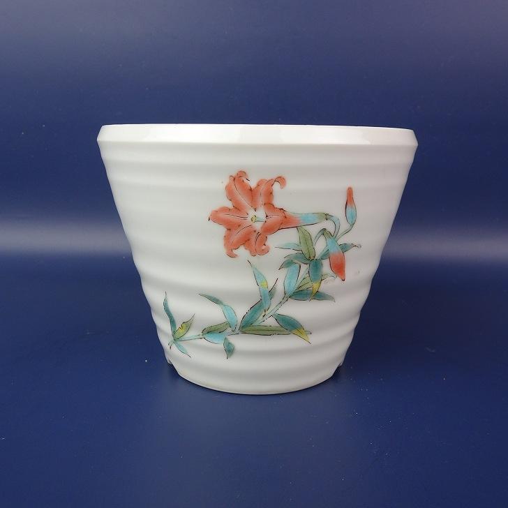 中古】盆栽鉢 九谷 福美 小型 長辺 約12.5cm 丸鉢 色絵 花 ユリ 百合 