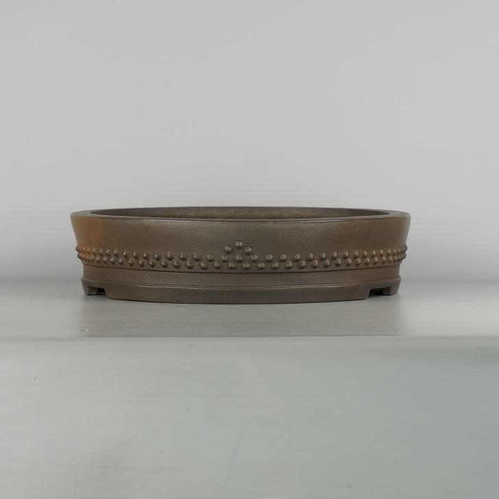 中古】 盆栽鉢 常滑 中野 行山 大型 長辺 約 40.5cm 丸鉢 鋲打 泥物