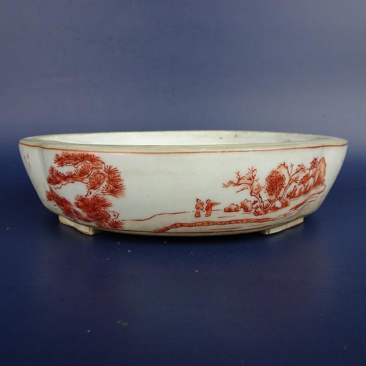 武州　絵鉢　盆栽鉢 中古】盆栽鉢 武州 小型 長辺 約13.8cm 木瓜鉢 赤絵 風景画 中国鉢