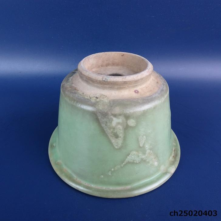 中古】盆栽鉢 落款なし 小型 長辺 約12.2cm 丸鉢 外縁 青磁 中国