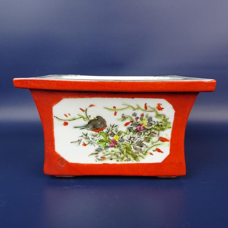 落款あり　長方　盆栽鉢 中古】盆栽鉢 南京 落款あり 小型 長辺 約17.5cm 長方鉢 外縁 色絵 鳥