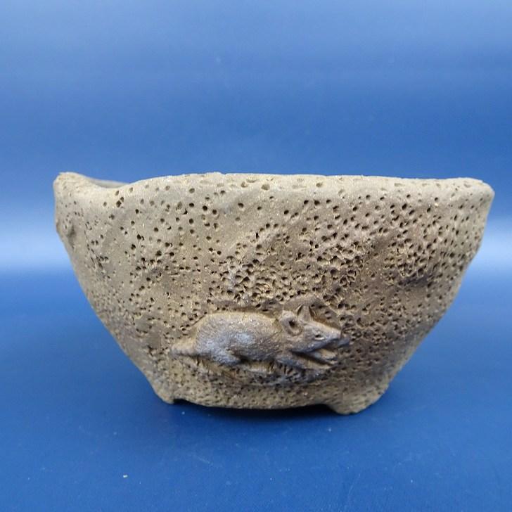 中古】盆栽鉢 陶雀 小型 長辺 約10.5cm 丸鉢 浮彫 子 鼠 泥物 現品 