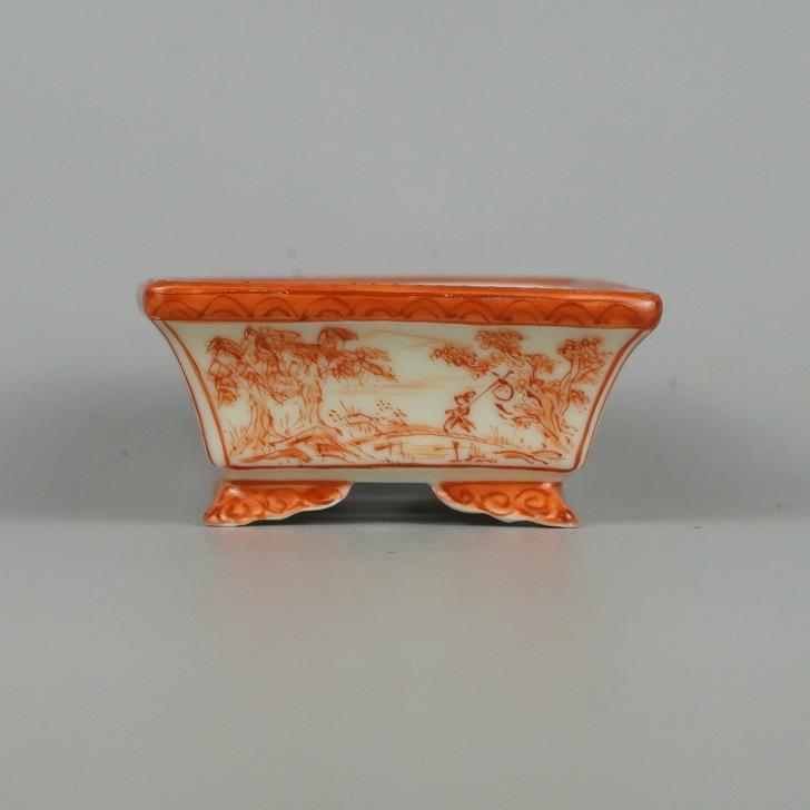 中古】盆栽鉢 平安佑泉 小鉢 長辺 約9.5cm 長方鉢 赤絵 山水図 中古】盆栽鉢 平安佑泉 小鉢 長辺 約9.5cm 長方鉢 赤絵 山水図