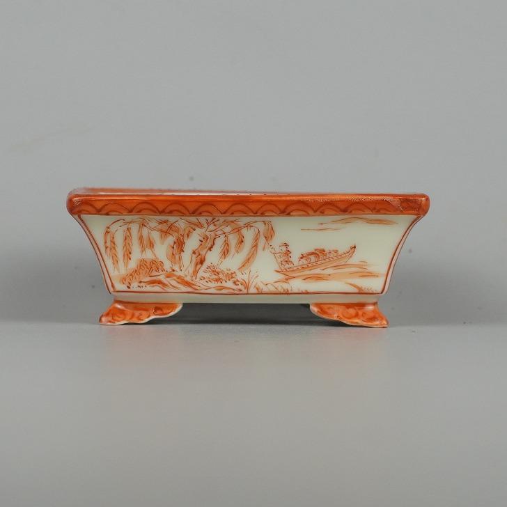 中古】盆栽鉢 平安佑泉 小鉢 長辺 約9.5cm 長方鉢 赤絵 山水図 中古】盆栽鉢 平安佑泉 小鉢 長辺 約9.5cm 長方鉢 赤絵 山水図
