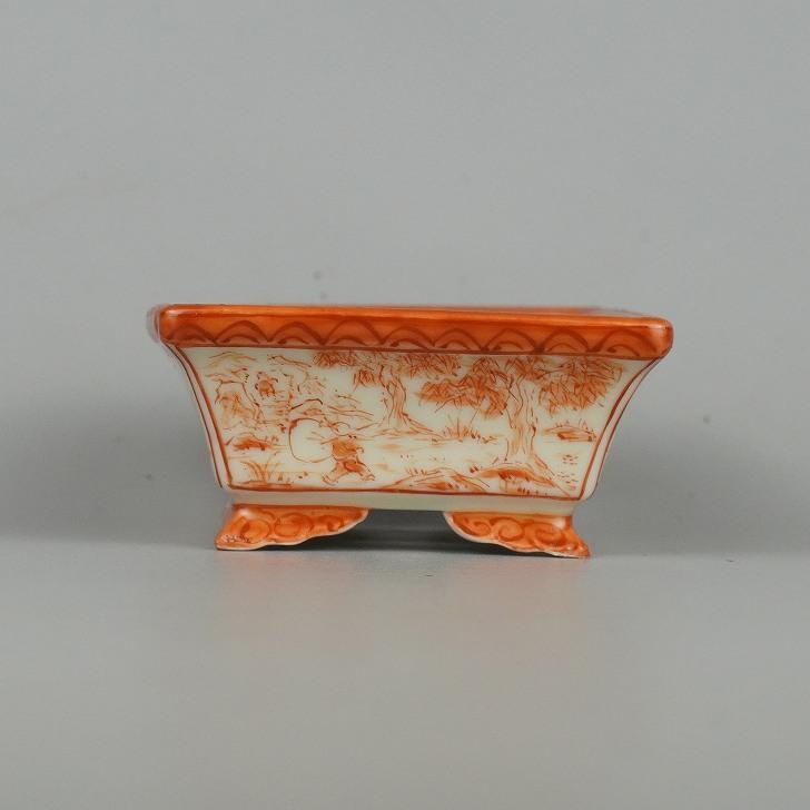 中古】盆栽鉢 平安佑泉 小鉢 長辺 約9.5cm 長方鉢 赤絵 山水図 中古】盆栽鉢 平安佑泉 小鉢 長辺 約9.5cm 長方鉢 赤絵 山水図