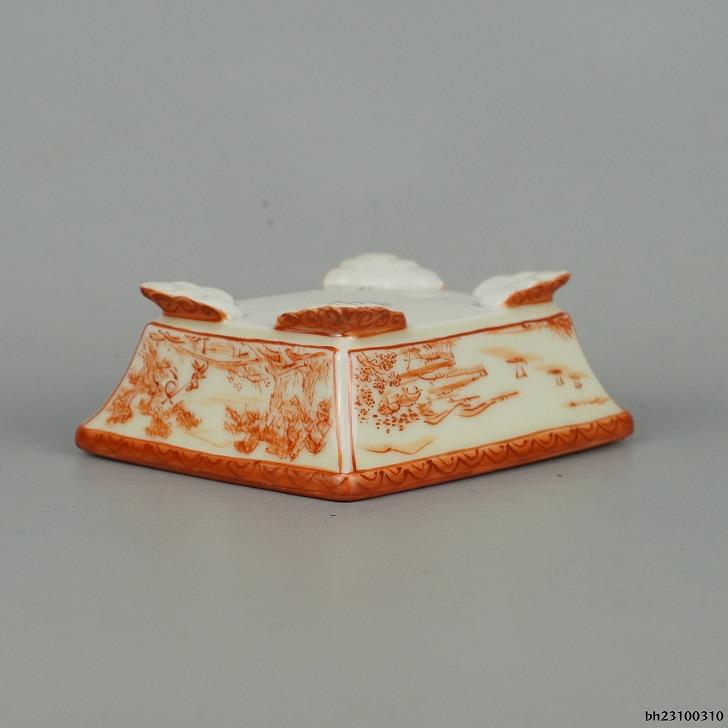 中古】盆栽鉢 平安佑泉 小鉢 長辺 約9.5cm 長方鉢 赤絵 山水図 中古】盆栽鉢 平安佑泉 小鉢 長辺 約9.5cm 長方鉢 赤絵 山水図