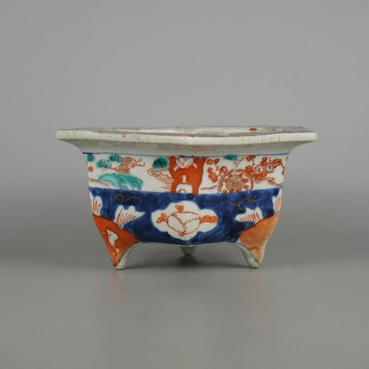 伊万里　盆栽鉢 中古】盆栽鉢 伊万里 小型 長辺 約 15.3cm 六角鉢 色絵 松 花 模様