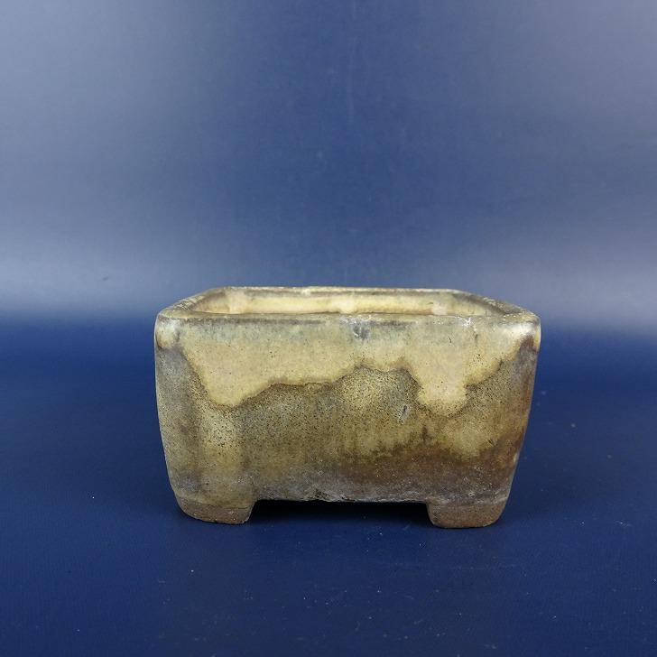 中古】盆栽鉢 寿悦 小鉢 長辺 約 6.3cm 正方鉢 浮彫 蟹 カニ 釉薬 現品