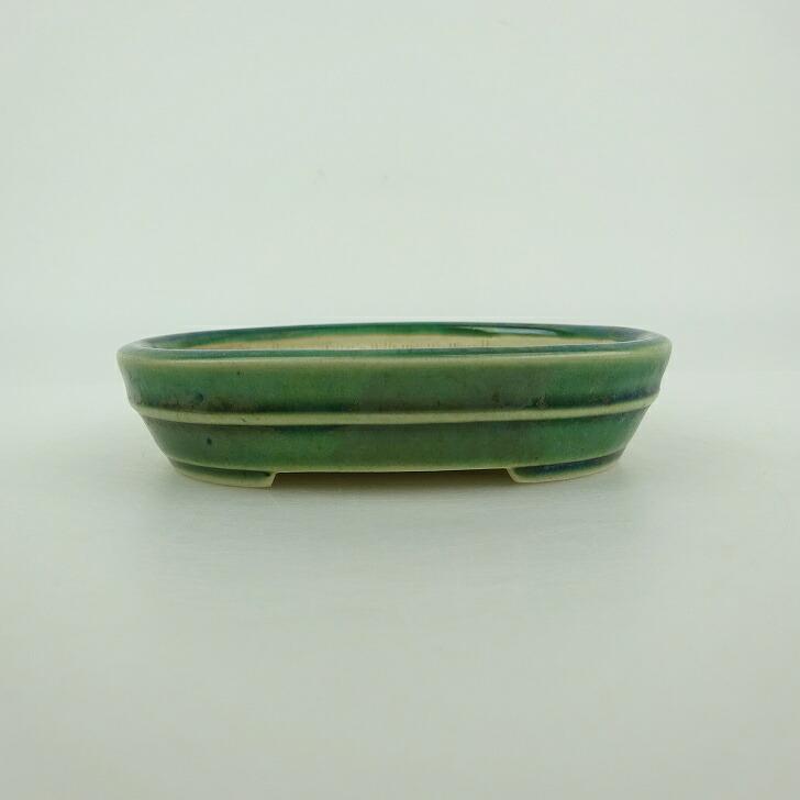 中古】盆栽鉢 青香 小鉢 長辺 約10cm 楕円鉢 中帯 釉薬 現品 中古鉢