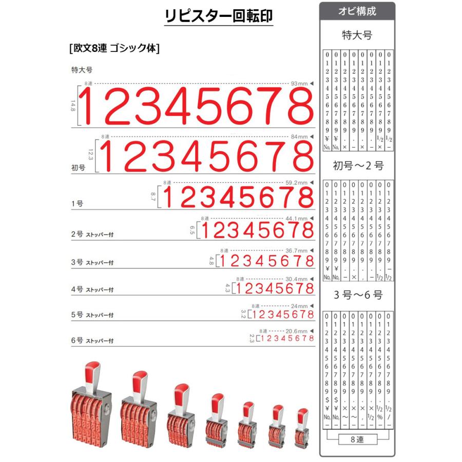 サンビー リピスター回転印 8連 ゴシック体 (6号) ストッパー付 8桁 ナンバリングスタンプ（数字・金額）RS-8G6 はんこ スタンプ ...