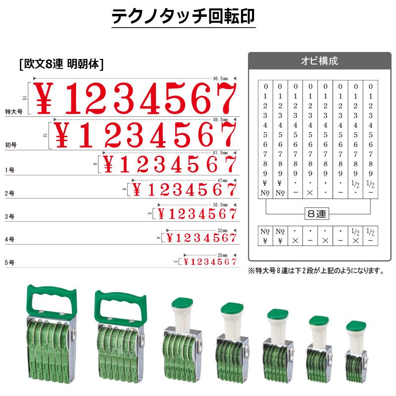 サンビー テクノタッチ回転印 欧文8連 明朝体 (特大号) 8桁 ナンバリングスタンプ（数字・金額）はんこ スタンプ