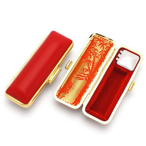 印鑑ケース (赤-金枠) 16.5-18.0mm（内張り朱竹） 朱肉付き はんこ