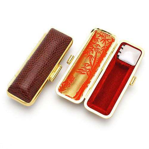 印鑑ケース (本トカゲ皮-金枠) 16.5-18.0mm （内張り朱竹） 朱肉付き