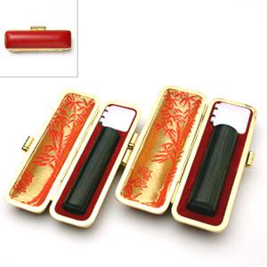 送料無料 印鑑 はんこ 実印 銀行印 MMセット 2本セット (実印：15.0mm 銀行印：13.5mm) 玄武（黒彩樺) 印鑑ケース（赤-金枠）付き