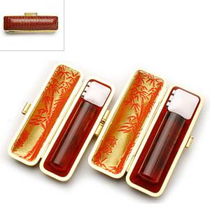 送料無料 印鑑 はんこ 実印 銀行印 LLセット 2本セット (実印：16.5mm 銀行印：15.0mm) 琥珀樹脂 印鑑ケース（トカゲ-金枠）付き