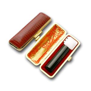 送料無料 印鑑 はんこ 実印 黒水牛（芯持） 16.5mm トカゲ皮ケース(金枠)付き