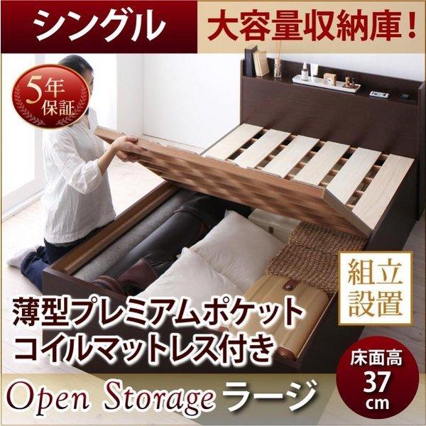 組立設置付 シンプル大容量収納庫付きすのこベッド 薄型プレミアムポケットコイルマットレス シングル 深さラージ