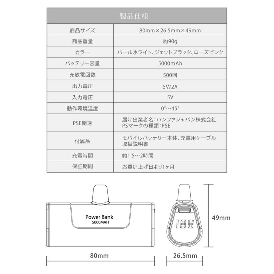 モバイルバッテリー 大容量 小型 軽量 薄型 5000mAh iPhone android スマホ TYPE-C Lightning USB 携帯充電器 ポータブル 機内持込OK PSE 送料無料｜hanwha｜21