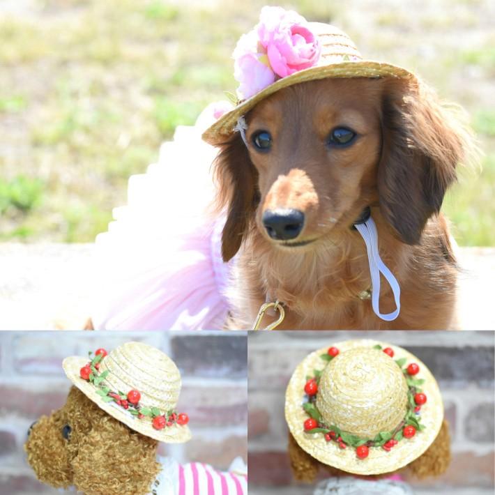 犬 アクセサリー】 ナチュラル フラワー 花冠 麦わら帽子 ひも付