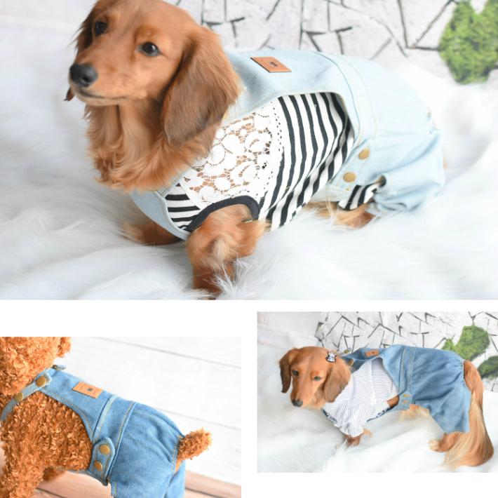 犬 服】 【春 夏 秋 冬】 デニム フリル ワンピース つなぎ